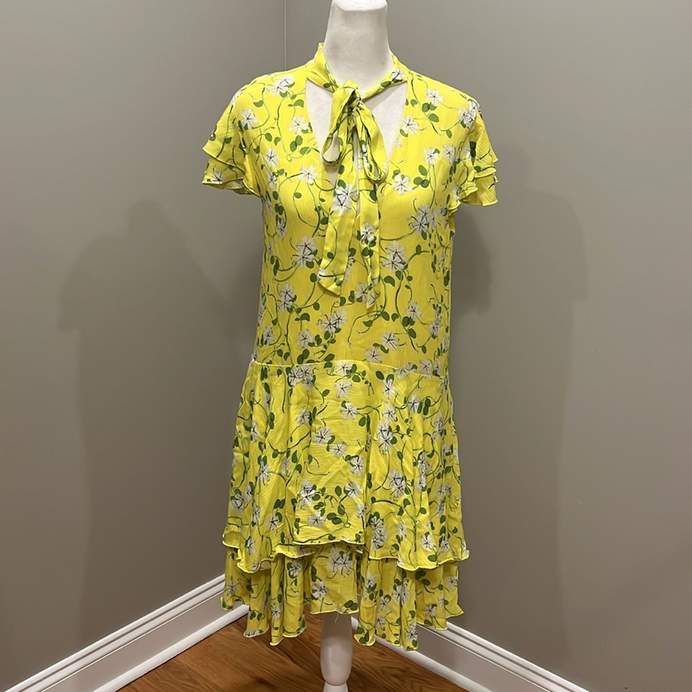 Alice + Olivia Yellow Floral Tie-Neck Ruffle Dress